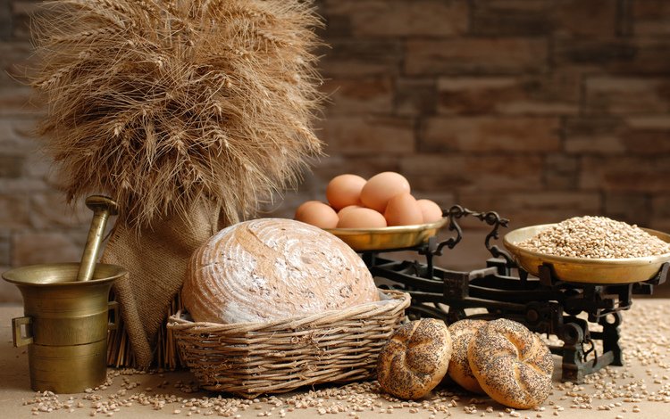 хлеб, весы, яйца, зерно, булочки, мука, ступка, bread, libra, eggs, grain, buns, flour, mortar