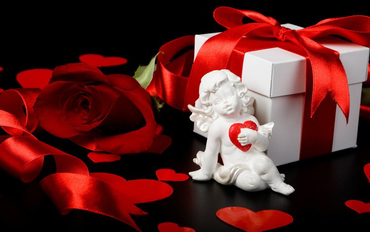 роза, купидон, ангел, день всех влюбленных, лента, подарок, сердечки, коробка, день святого валентина, 14 февраля, rose, cupid, angel, tape, gift, hearts, box, valentine's day, 14 feb