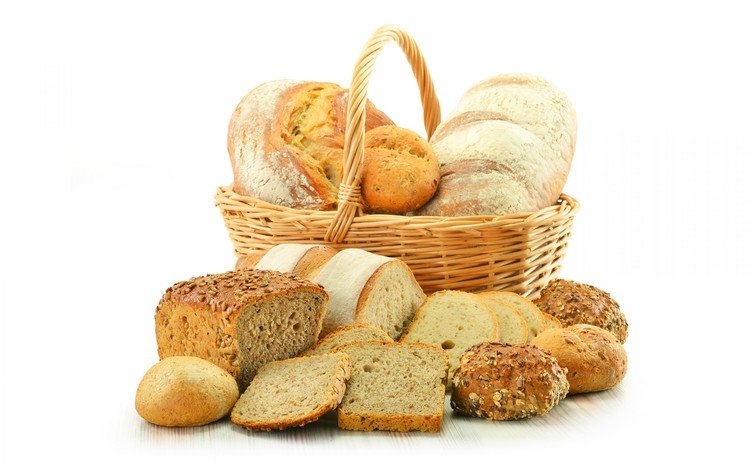 хлеб, корзина, белый фон, выпечка, булочки, ломти, батон, bread, basket, white background, cakes, buns, chunks, baton