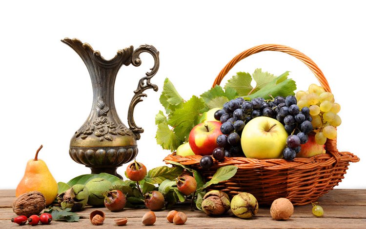 орехи, натюрморт, виноград, груша, фрукты, яблоки, стол, шиповник, корзина, кувшин, nuts, still life, grapes, pear, fruit, apples, table, briar, basket, pitcher