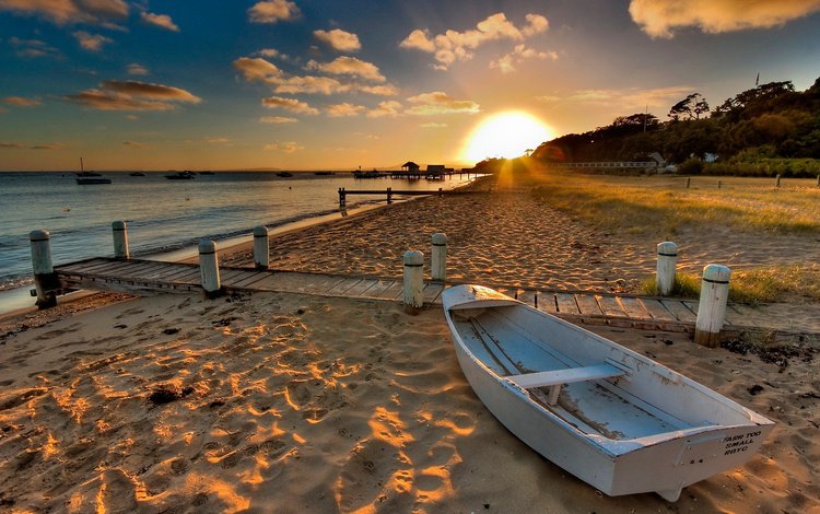 вода, солнце, берег, закат, песок, пляж, лодка, water, the sun, shore, sunset, sand, beach, boat