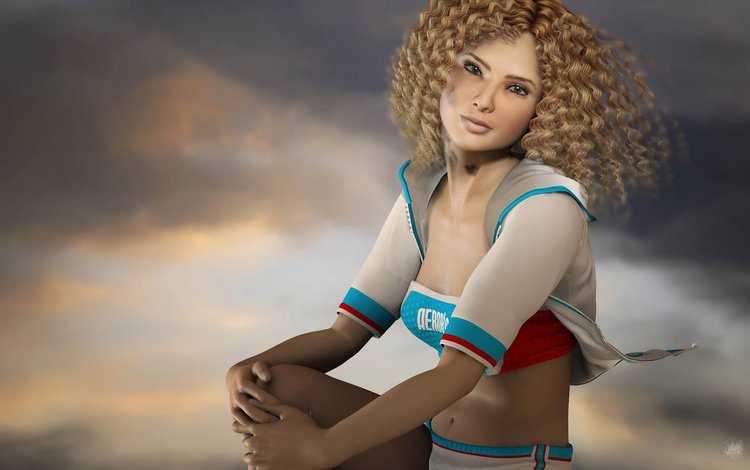 свет, облака, девушка, взгляд, кудри, 3д, light, clouds, girl, look, curls, 3d