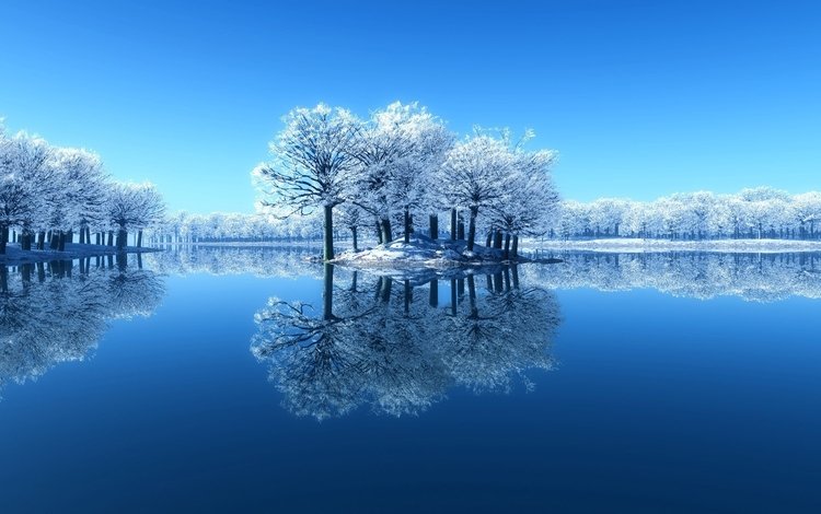 небо, остров, деревья, вода, озеро, снег, зима, отражение, иней, the sky, island, trees, water, lake, snow, winter, reflection, frost
