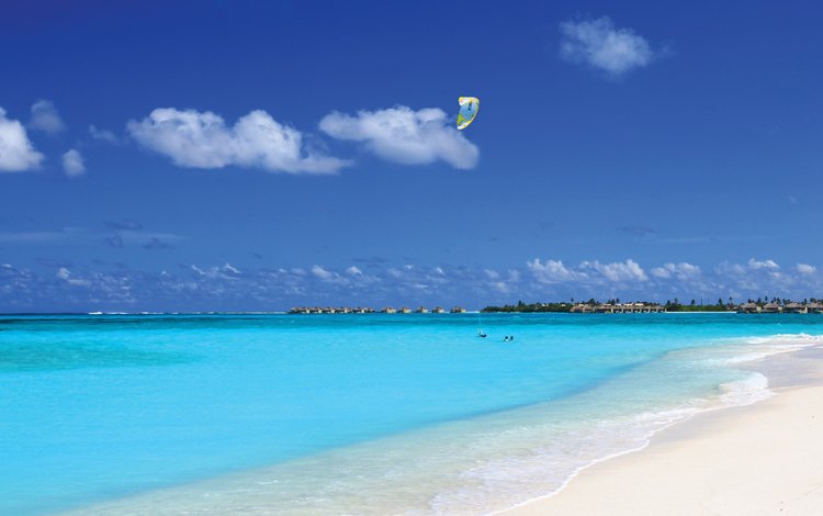 пляж, бунгало, тропики, мальдивы, кайтсёрфинг, beach, bungalow, tropics, the maldives, kitesurfing