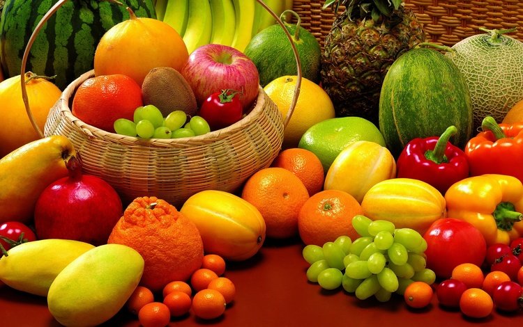 виноград, бананы, грейпфруты, фрукты, натюрморт, арбуз, ананас, овощи, гранат, киви, паприка, корзинка, манго, помидоры, дыни, мандарины, кумкваты, grapes, bananas, grapefruit, fruit, still life, watermelon, pineapple, vegetables, garnet, kiwi, paprika, basket, mango, tomatoes, melon, tangerines, the kumquats