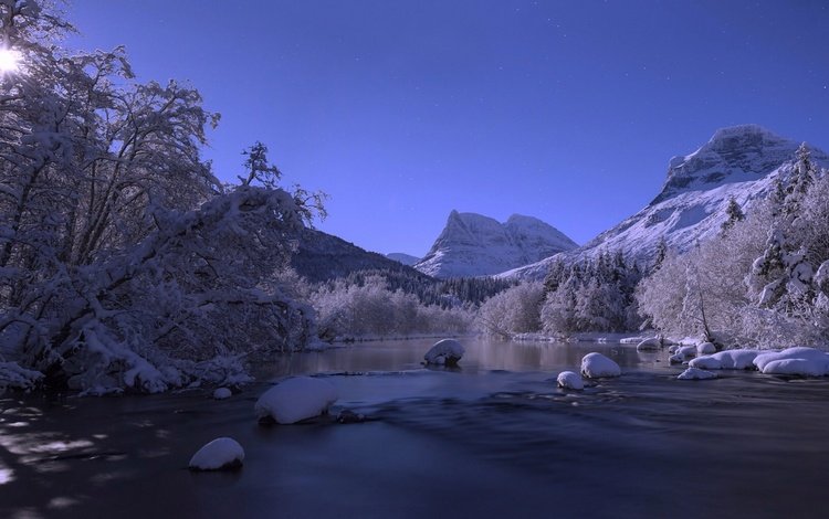 деревья, река, горы, снег, зима, норвегия, trees, river, mountains, snow, winter, norway