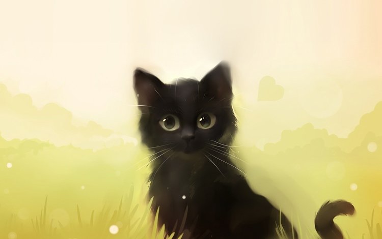 арт, трава, кошка, котенок, черный, apofiss, art, grass, cat, kitty, black
