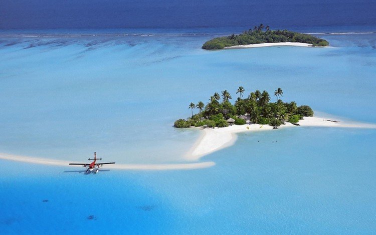 самолет, пляж, пальмы, остров, тропики, мальдивы, the plane, beach, palm trees, island, tropics, the maldives