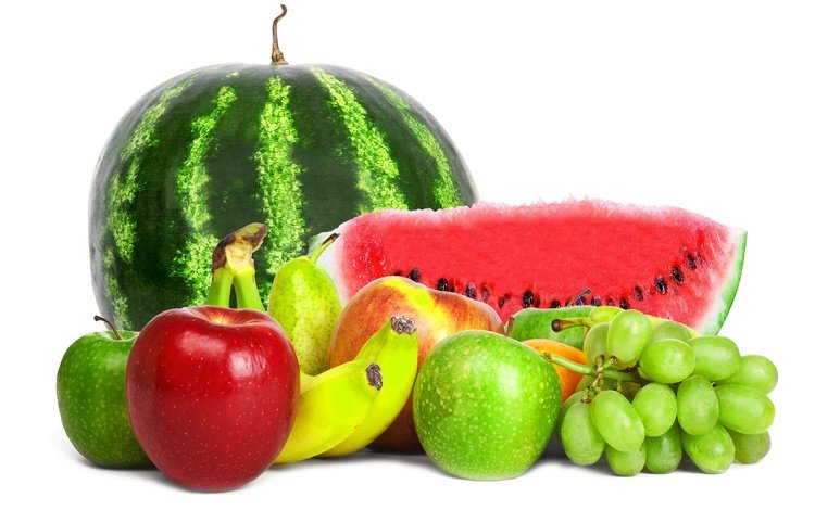 виноград, фрукты, яблоки, арбуз, ягоды, белый фон, бананы, груша, grapes, fruit, apples, watermelon, berries, white background, bananas, pear