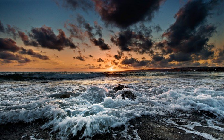берег, волны, закат, море, shore, wave, sunset, sea