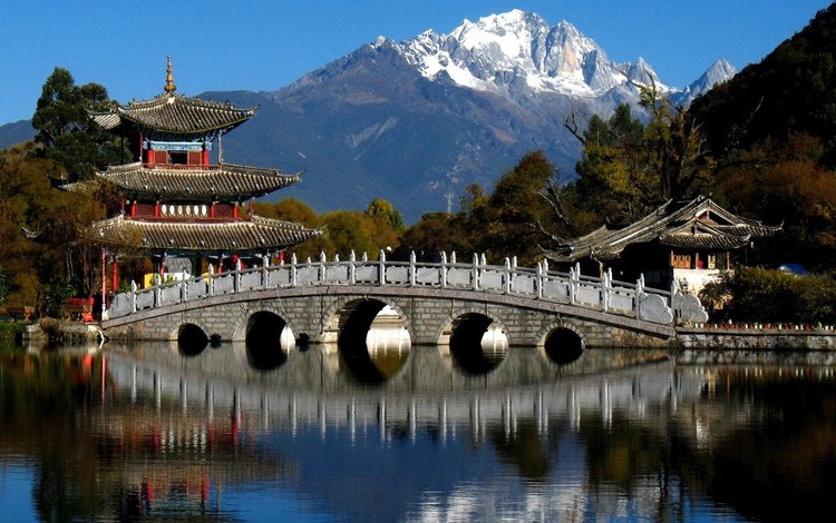 деревья, река, горы, мост, пагода, китай, trees, river, mountains, bridge, pagoda, china