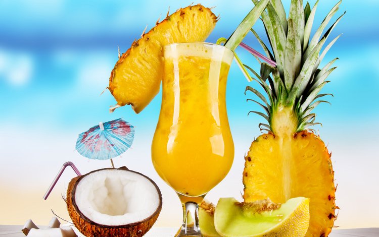 бокал, коктейль, напитки, кокос, ананас, дыня, тропический коктейль, glass, cocktail, drinks, coconut, pineapple, melon, tropical cocktail