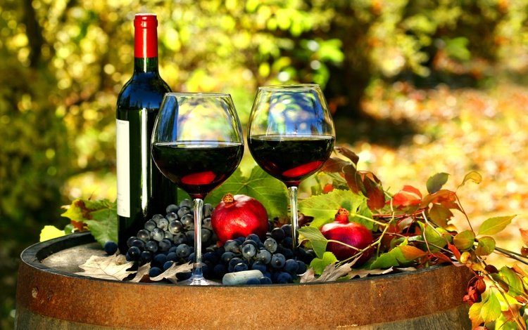 виноград, осень, вино, бутылка, бокалы, бочка, красное, гранат, grapes, autumn, wine, bottle, glasses, barrel, red, garnet