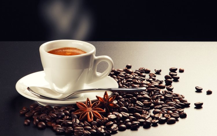 кофе, чашка, кофейные зерна, ложка, бадьян, coffee, cup, coffee beans, spoon, star anise