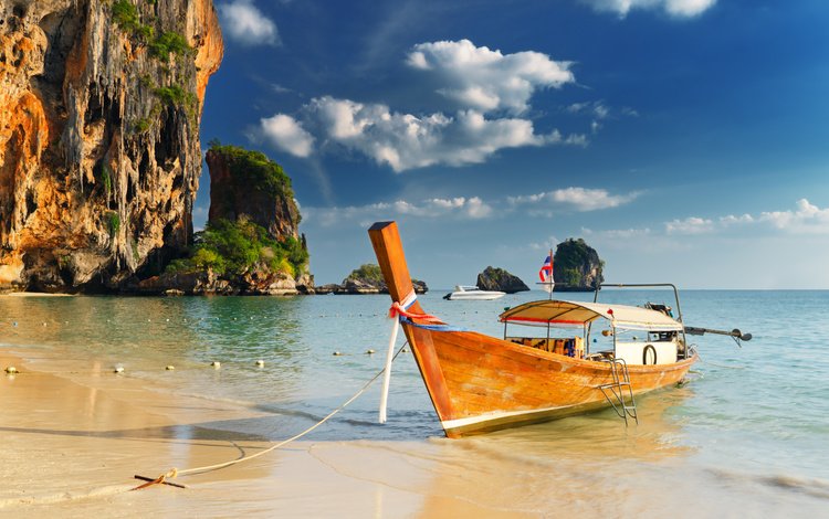 берег, море, пляж, лодка, таиланд, тропики, shore, sea, beach, boat, thailand, tropics