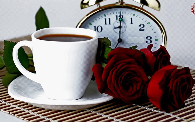 цветы, розы, кофе, кружка, чашка, будильник, flowers, roses, coffee, mug, cup, alarm clock