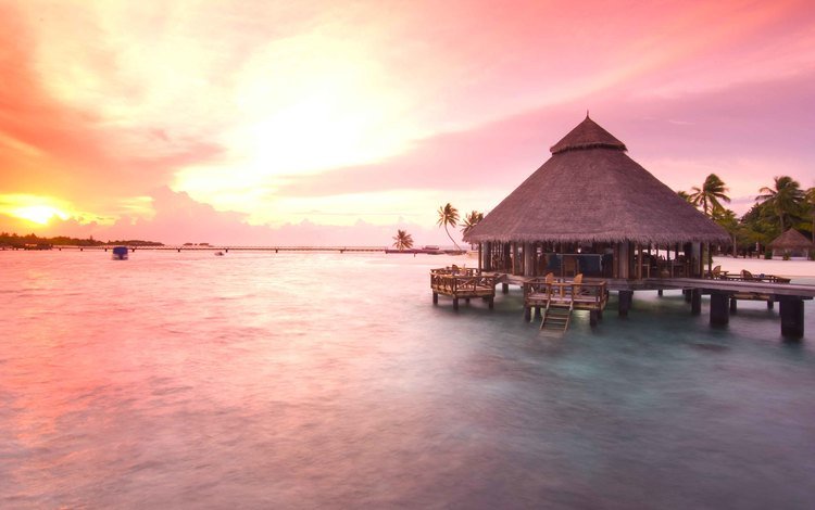 закат, бунгало, тропики, мальдивы, sunset, bungalow, tropics, the maldives