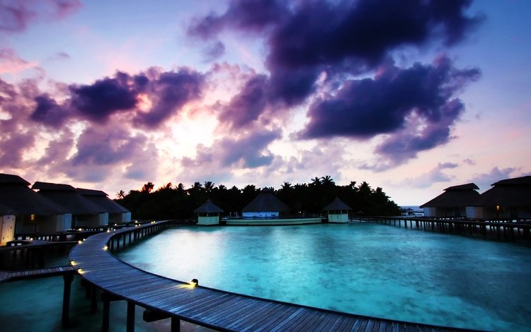 восход, утро, пальмы, бассейн, отдых, бунгало, мальдивы, sunrise, morning, palm trees, pool, stay, bungalow, the maldives