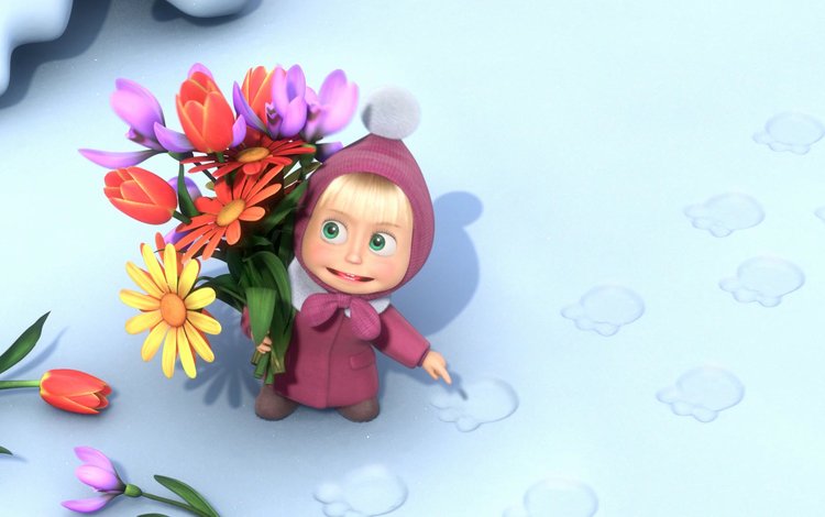 цветы, снег, мультфильм, следы, маша и медведь, flowers, snow, cartoon, traces, masha and the bear
