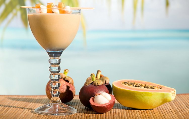 макро, напиток, фрукты, бокал, коктейль, папайя, циновка, мангостин, macro, drink, fruit, glass, cocktail, papaya, mat, mangosteen