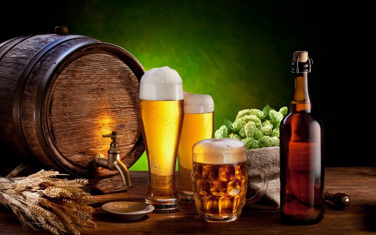 колосья, кружки, стаканы, бутылка, пиво, пена, хмель, бочонок, ears, mugs, glasses, bottle, beer, foam, hops, barrel