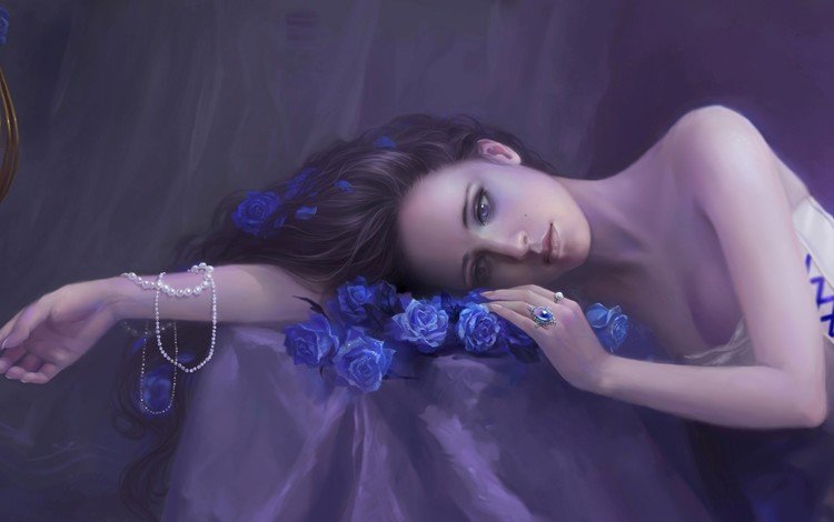 арт, рука, девушка, розы, лежит, бусы, синие, клетка, art, hand, girl, roses, lies, beads, blue, cell