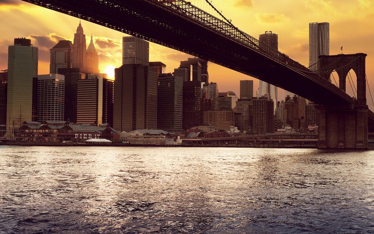 солнце, закат, сша, нью-йорк, здания, бруклинский мост, the sun, sunset, usa, new york, building, brooklyn bridge