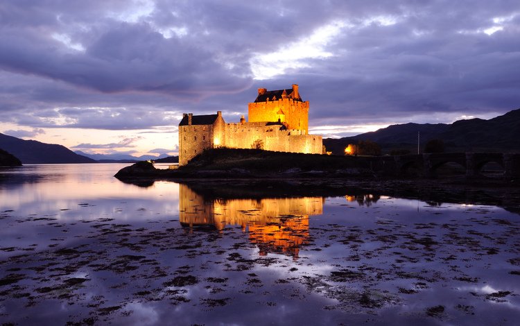 огни, вода, природа, замок, сумерки, шотландия, lights, water, nature, castle, twilight, scotland