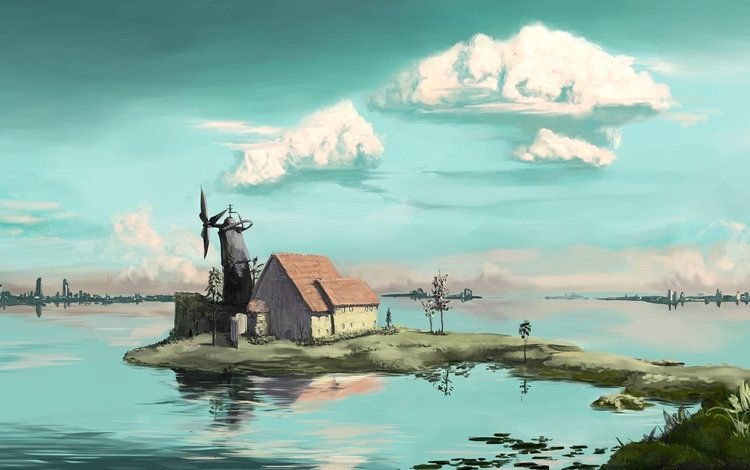 арт, облака, озеро, пейзаж, мельница, дом, art, clouds, lake, landscape, mill, house