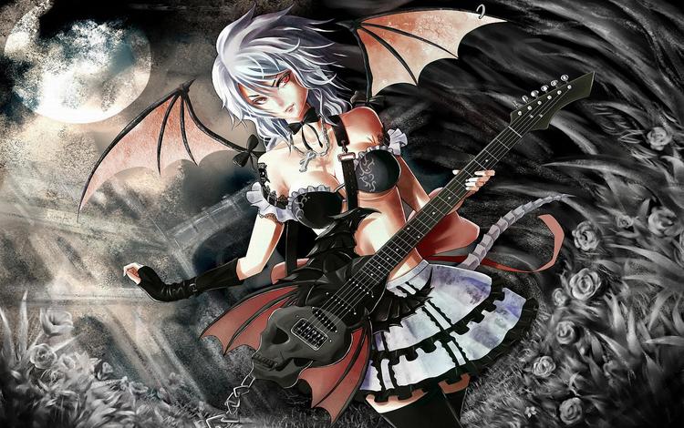 гитара, крылья, аниме, демон, kartinka, syuzhet, yepizod, personazh, серые волосы, guitar, wings, anime, the demon