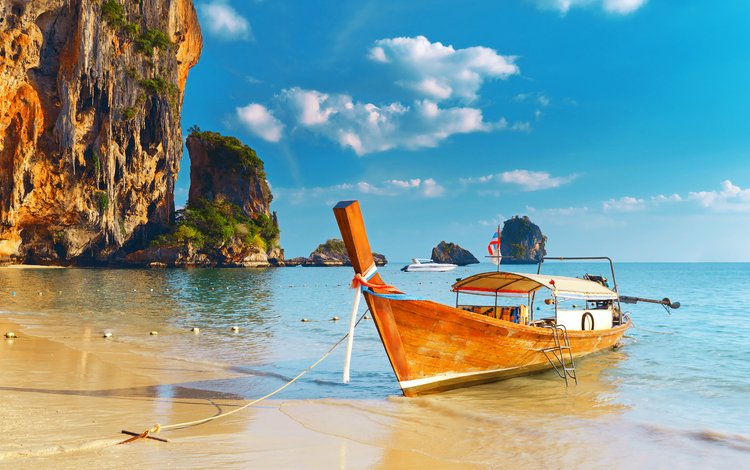 скалы, пляж, лодка, таиланд, тропики, rocks, beach, boat, thailand, tropics