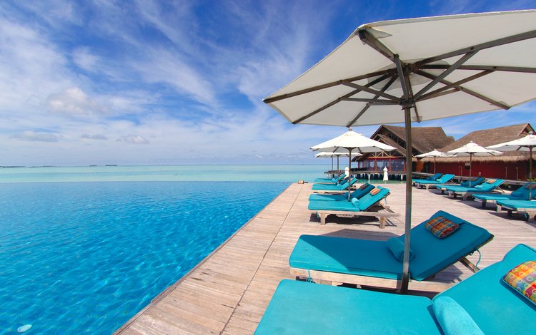 курорт, лежаки, тропики, мальдивы, resort, sunbeds, tropics, the maldives