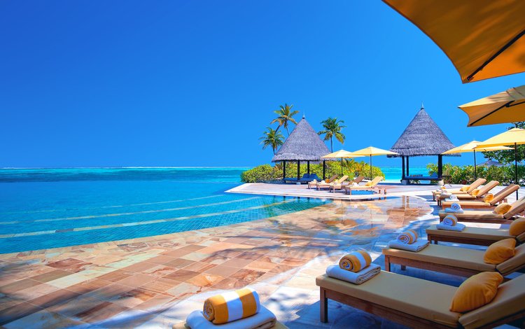 курорт, лежаки, тропики, мальдивы, resort, sunbeds, tropics, the maldives
