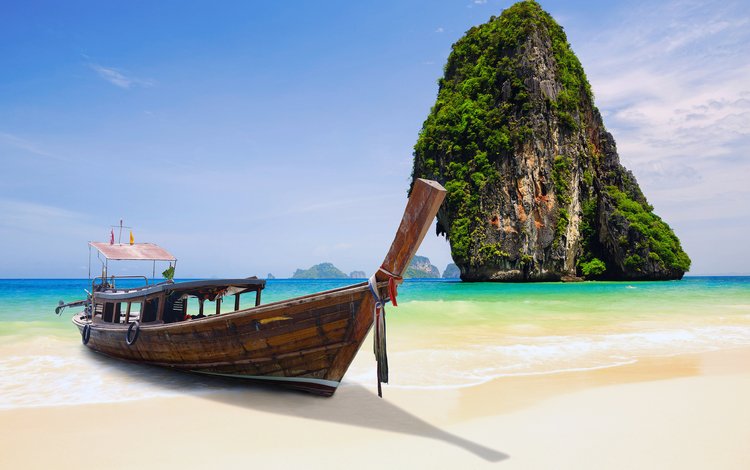 скала, пляж, лодка, таиланд, тропики, rock, beach, boat, thailand, tropics