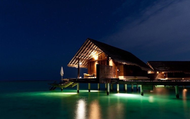 ночь, бунгало, тропики, мальдивы, night, bungalow, tropics, the maldives