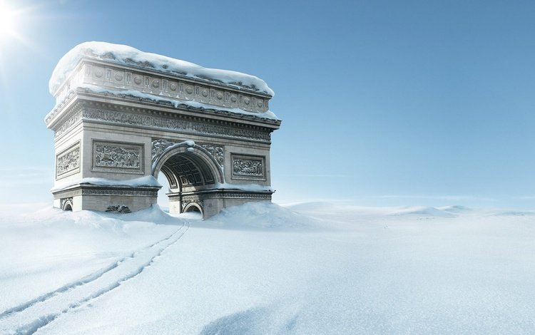 креатив, hd картинка, триумфальная арка снег, creative, hd picture, arc de triomphe in the snow