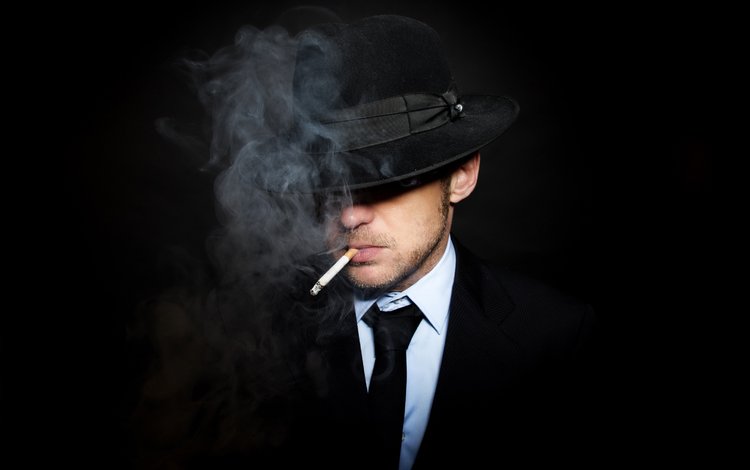 черный фон, костюм, мужчина, сигарета, шляпа, галстук, black background, costume, male, cigarette, hat, tie