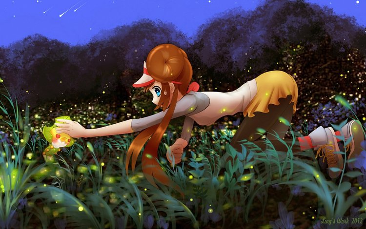 трава, ночь, девушка, звезды, покемон, grass, night, girl, stars, pokemon
