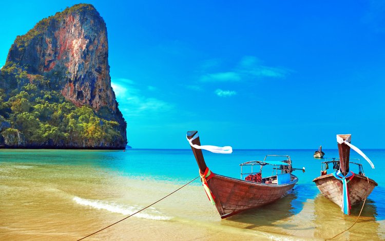море, скала, пляж, лодки, таиланд, тропики, sea, rock, beach, boats, thailand, tropics