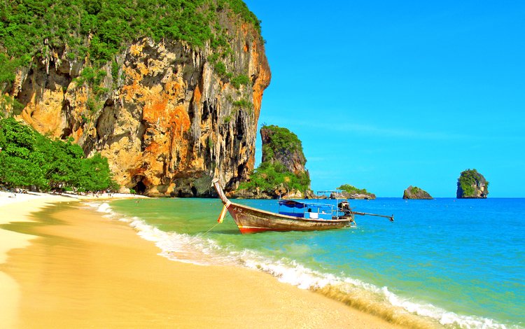 море, скала, пляж, лодка, таиланд, тропики, sea, rock, beach, boat, thailand, tropics