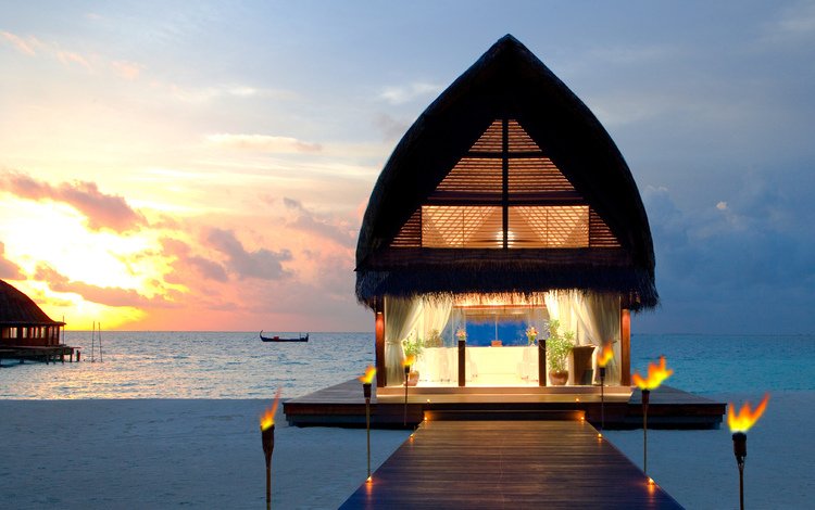 закат, пляж, бунгало, тропики, мальдивы, sunset, beach, bungalow, tropics, the maldives