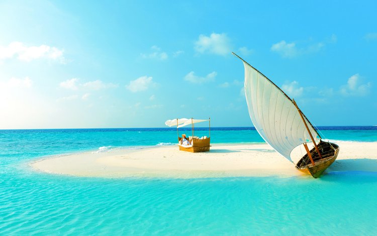 девушка, пляж, лодка, остров, тропики, мальдивы, girl, beach, boat, island, tropics, the maldives