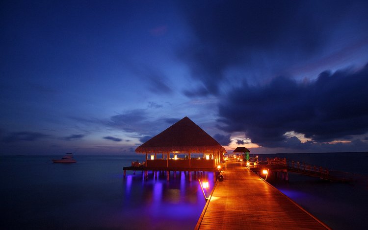 вечер, море, бунгало, тропики, мальдивы, the evening, sea, bungalow, tropics, the maldives