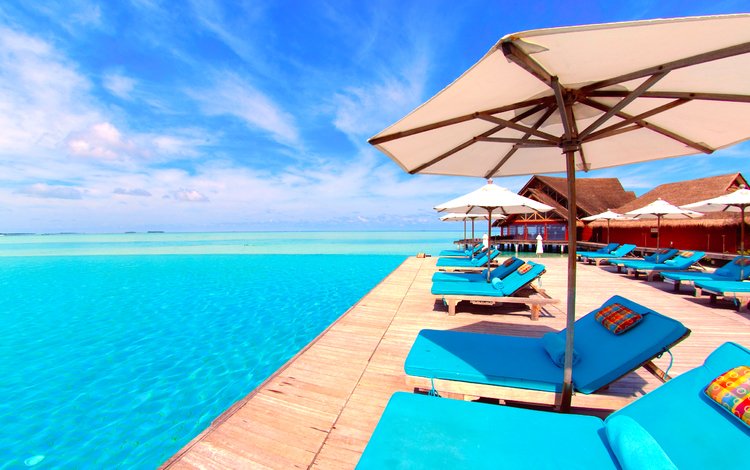 море, курорт, лежаки, тропики, мальдивы, sea, resort, sunbeds, tropics, the maldives