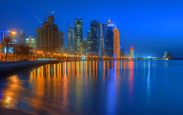 отражение, побережье, мегаполис, катар, до́ха, доха, reflection, coast, megapolis, qatar, doha