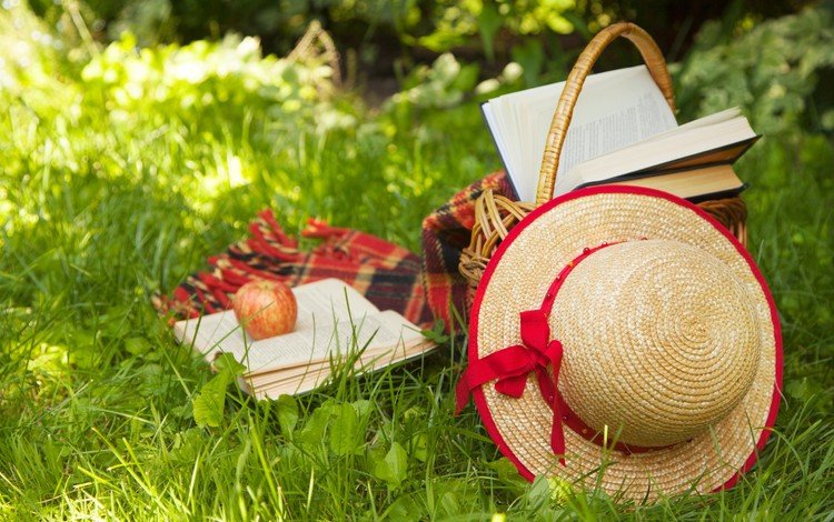 трава, книги, корзина, яблоко, плед, шляпа, пикник, grass, books, basket, apple, plaid, hat, picnic