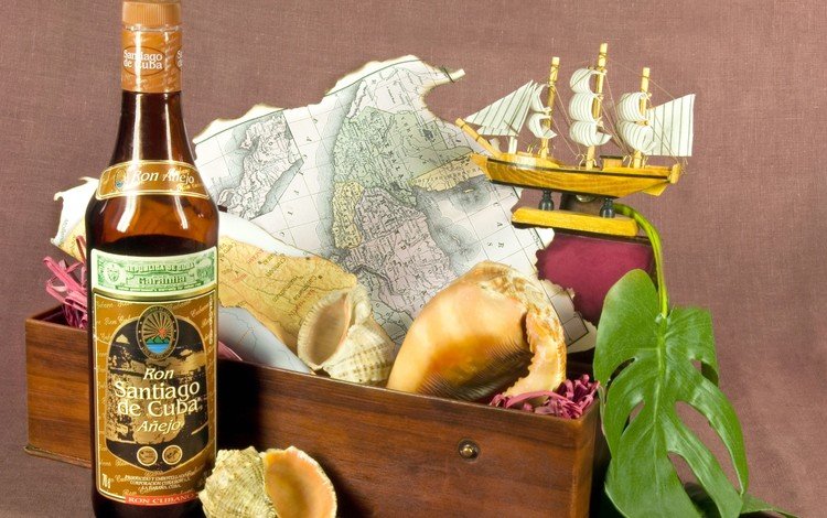 парусник, карта, ракушки, бутылка, натюрморт, шкатулка, ром, sailboat, map, shell, bottle, still life, box, rum