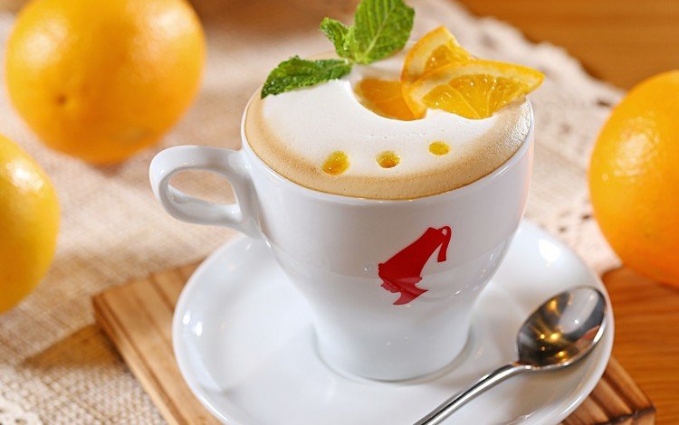 апельсины, кофе, пена, молоко, кусочки, капучино, oranges, coffee, foam, milk, pieces, cappuccino