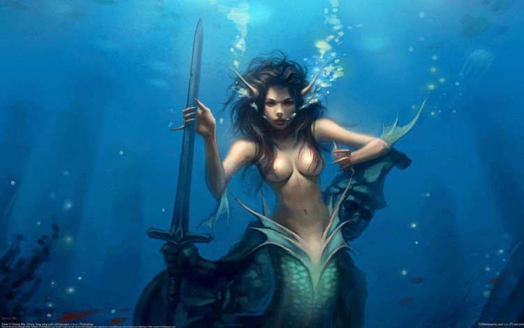девушка, меч, фэнтези, подводный мир, русалка, sining ma, girl, sword, fantasy, underwater world, mermaid