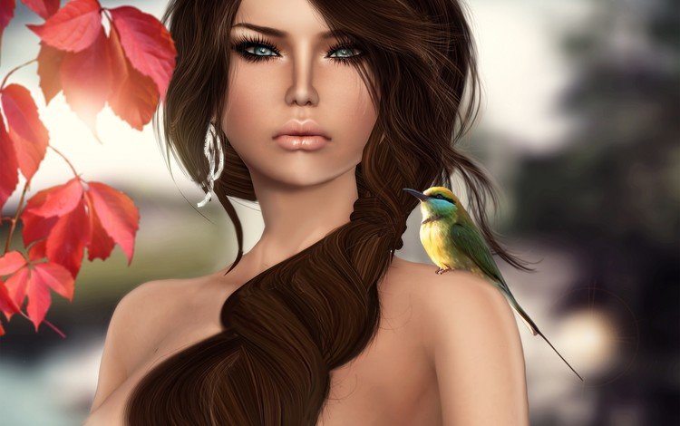 арт, листья, девушка, птица, волосы, коса, art, leaves, girl, bird, hair, braid